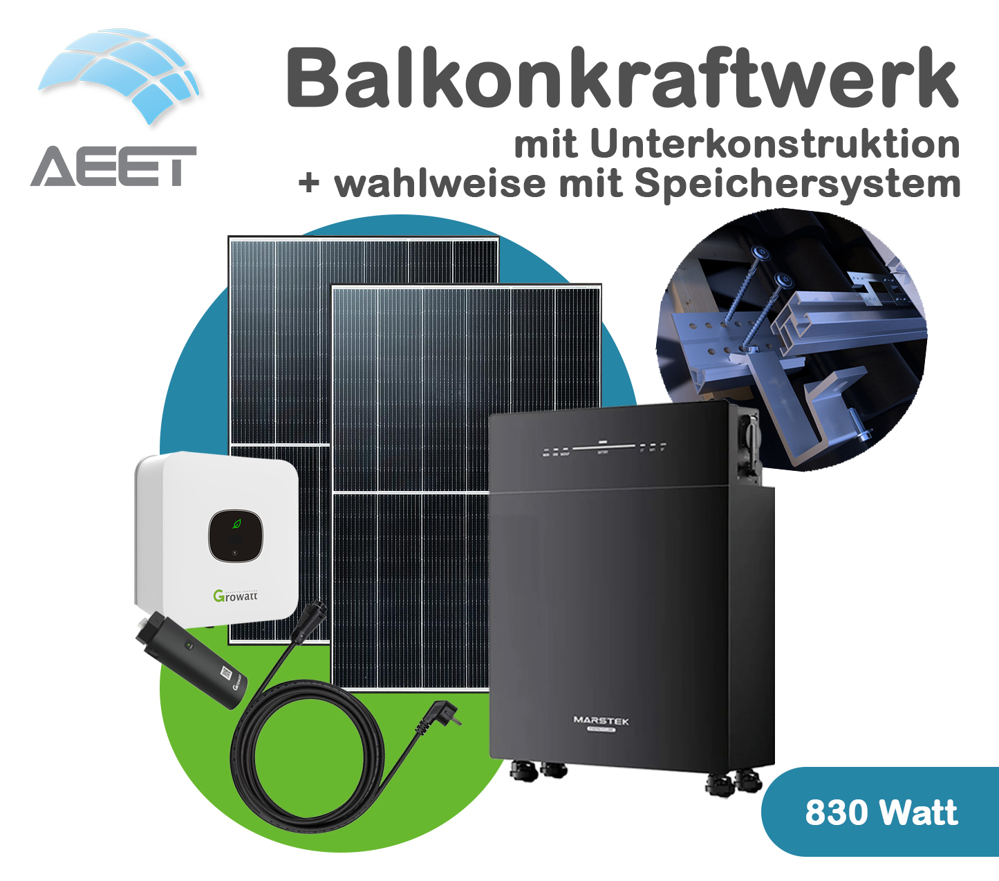 Balkonkraftwerk-830 Watt - Ziegeldach - AC Speicher 5120 Wh