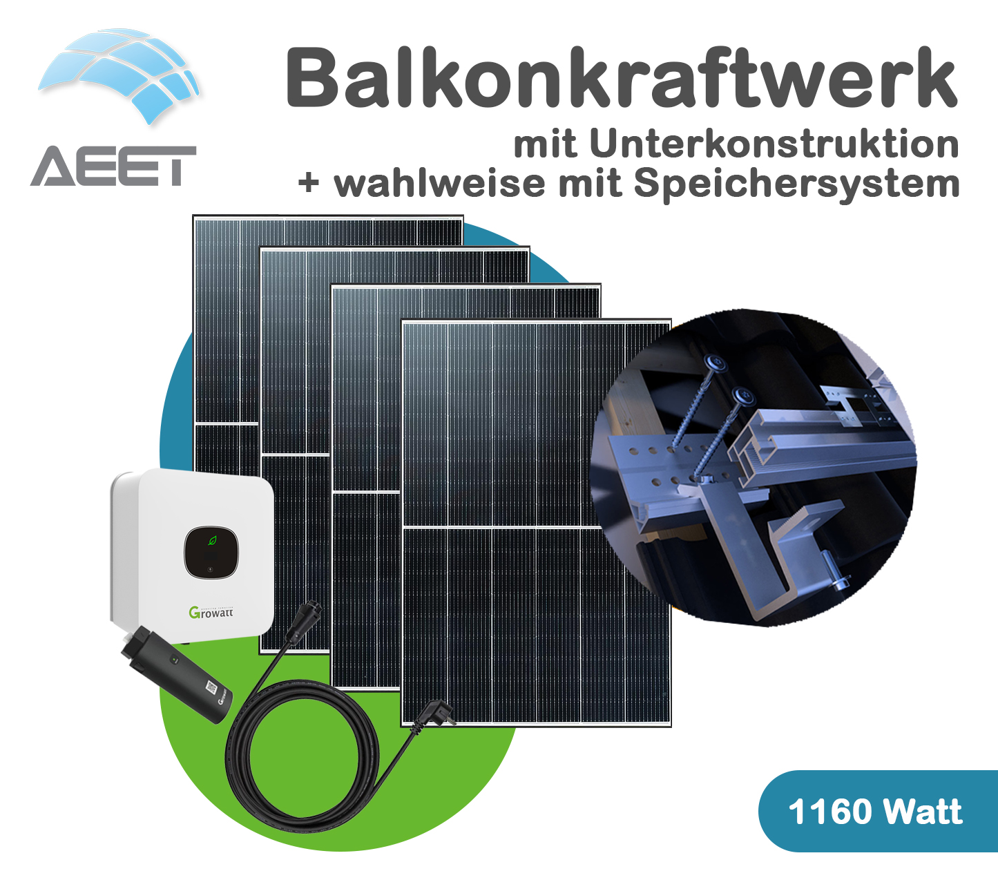 Balkonkraftwerk-1660 Watt mit Halterung Ziegeldach
