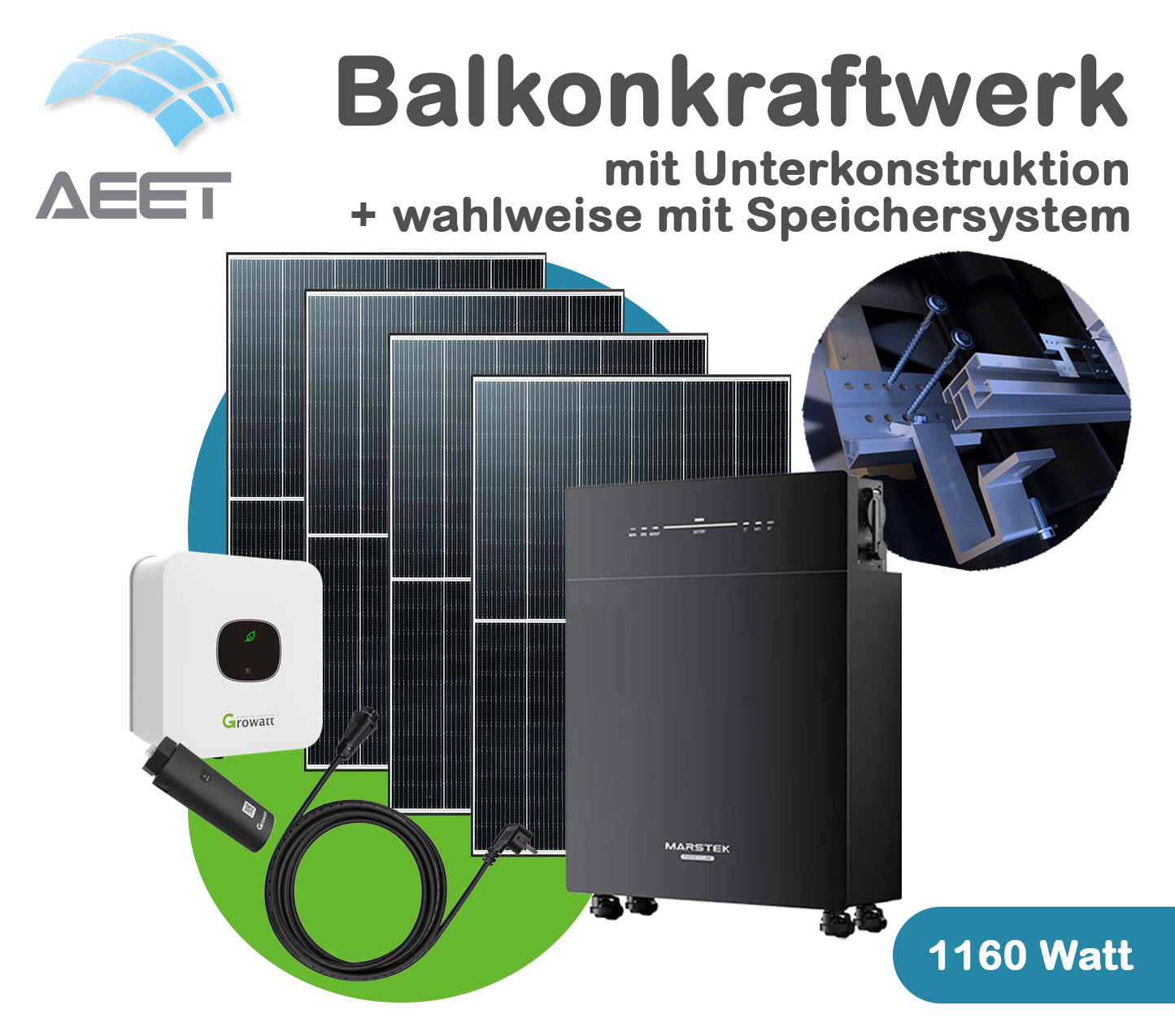 Balkonkraftwerk-1660 Watt - Ziegeldach - AC Speicher 5120 Wh